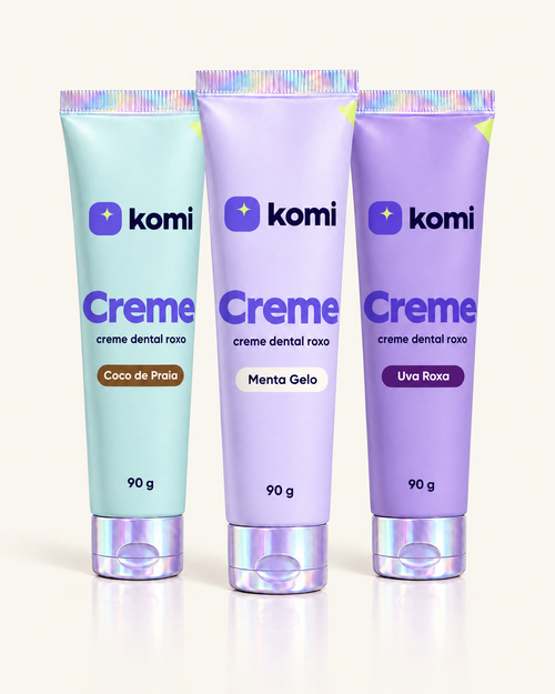 Três Cremes Komi roxos: Coco de Praia, Menta Gelo e Uva Roxa