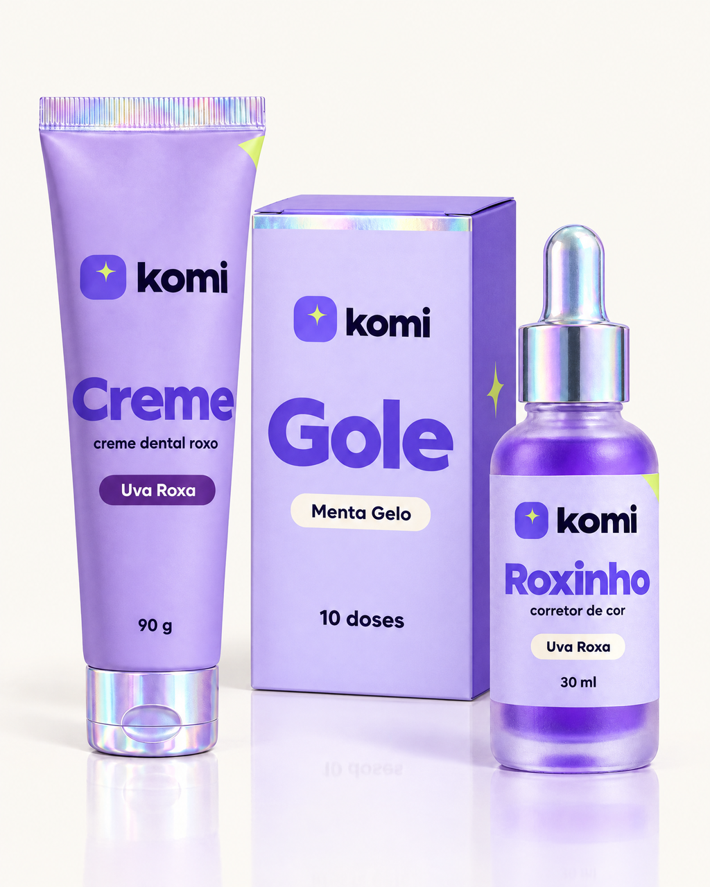 Kit Rotina + Gole Komi: Creme Komi Uva Roxa, caixa de Gole Menta Gelo com 10 doses e Roxinho
