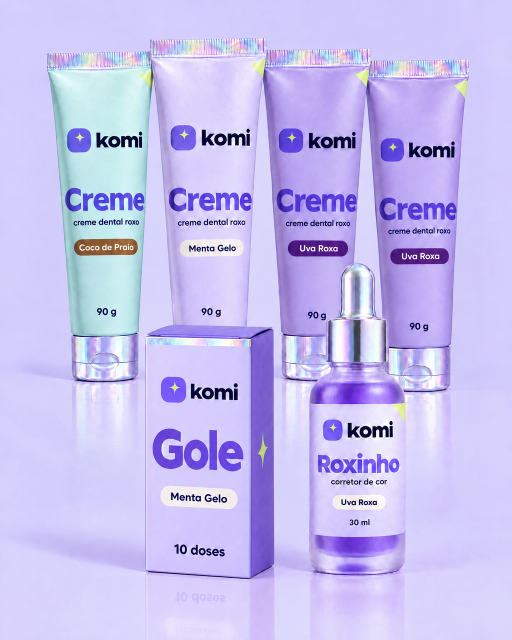Kit Presente Roxo Komi: quatro Cremes Komi, caixa de Gole e Roxinho
