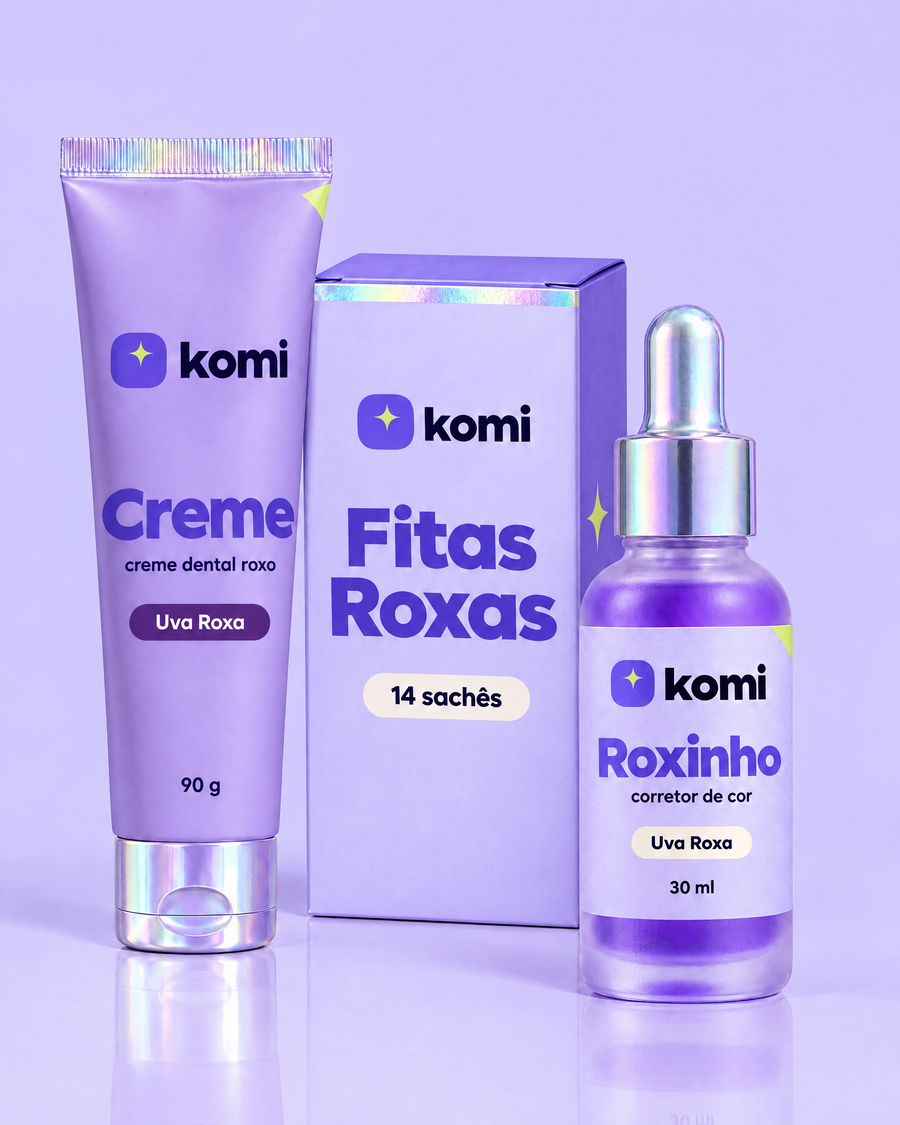 Kit Sorriso de Festa Komi: Creme Komi Uva Roxa, caixa de Fitas Roxas e Roxinho