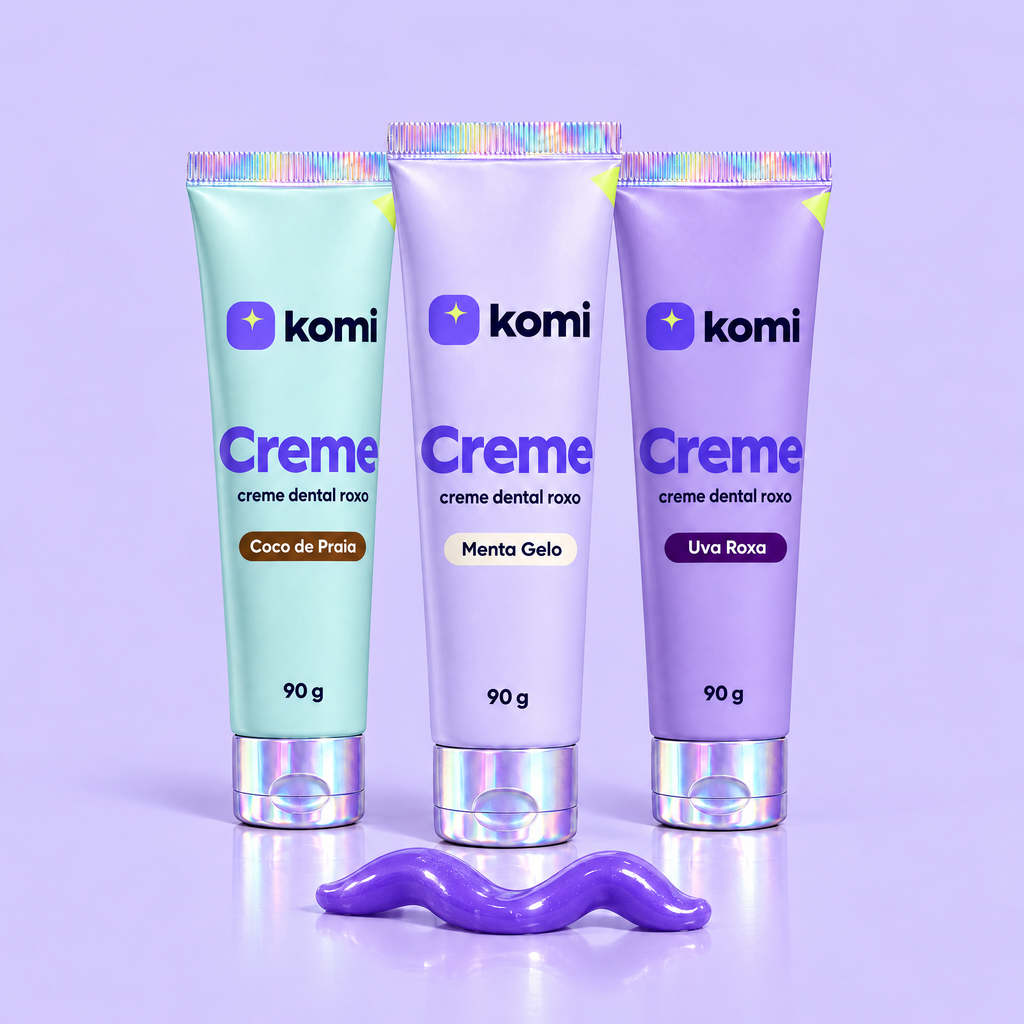 Cremes Komi roxos nos sabores Coco de Praia, Menta Gelo e Uva Roxa, com pasta roxa