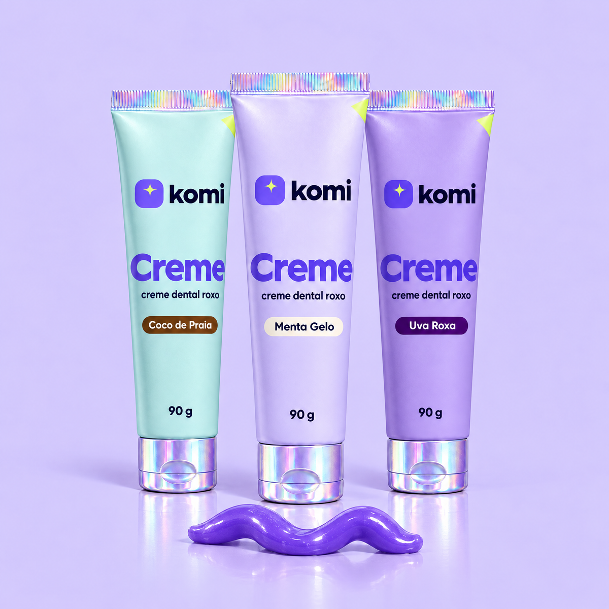 Cremes Komi roxos nos sabores Coco de Praia, Menta Gelo e Uva Roxa, com pasta roxa