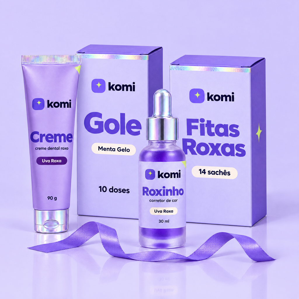 Kits Komi: Creme Komi, caixa de Gole, Roxinho e caixa de Fitas Roxas com fita de presente violeta