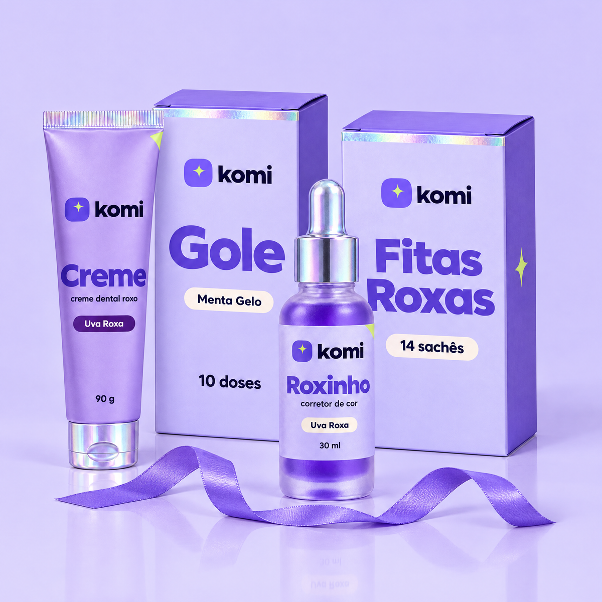 Kits Komi: Creme Komi, caixa de Gole, Roxinho e caixa de Fitas Roxas com fita de presente violeta