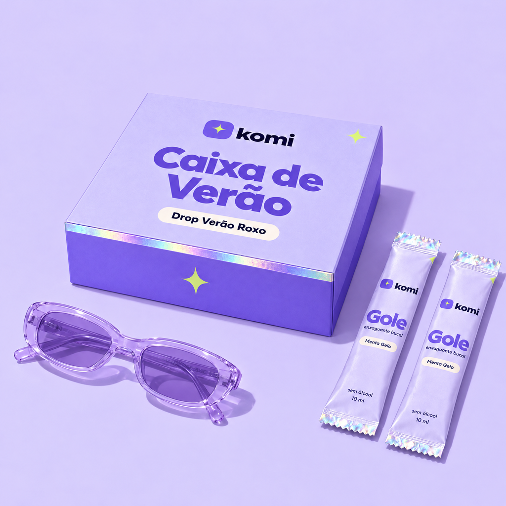 Caixa de Verão Komi fechada com dois sachês de Gole e óculos lilás