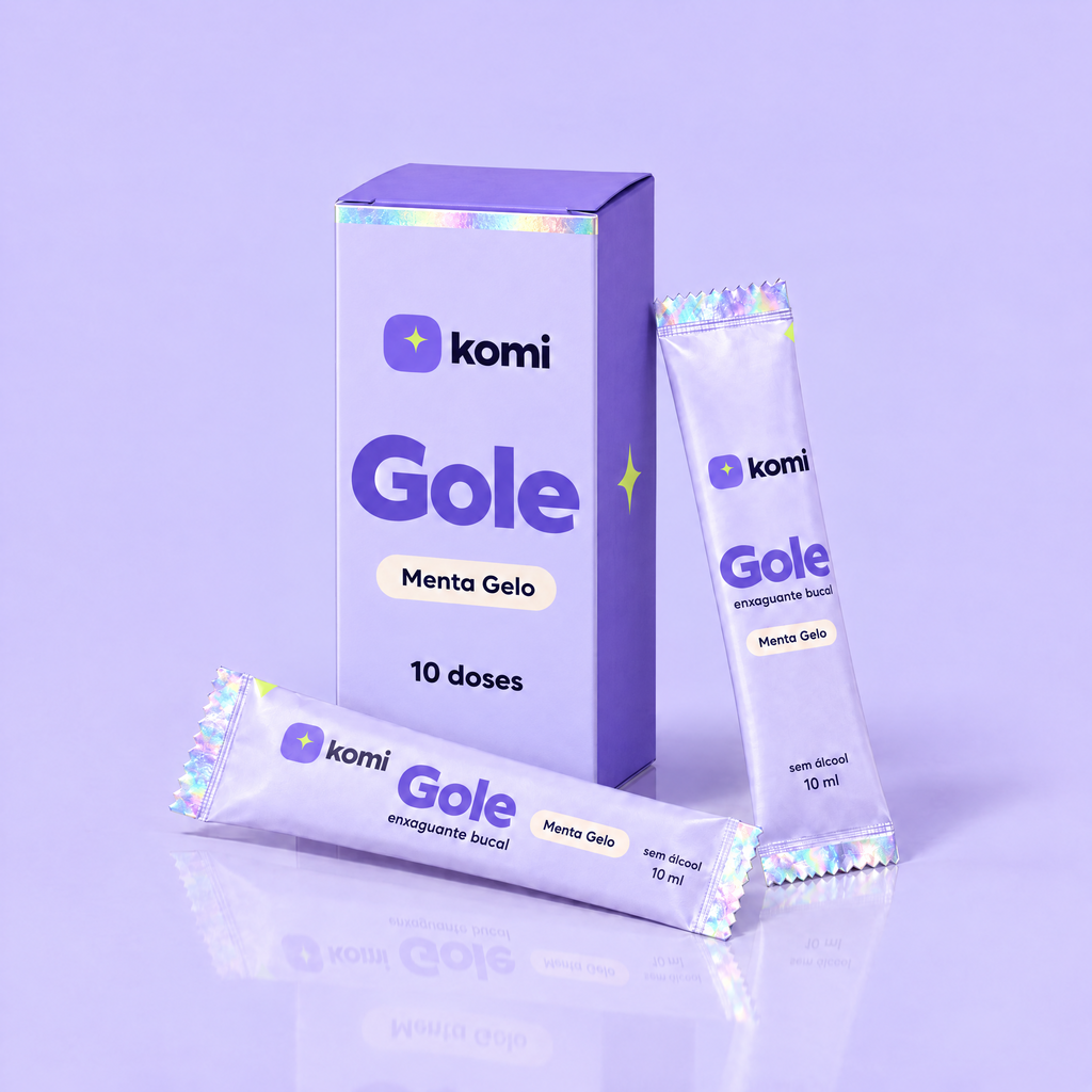 Gole Komi: caixa com 10 doses de enxaguante bucal Menta Gelo e dois sachês