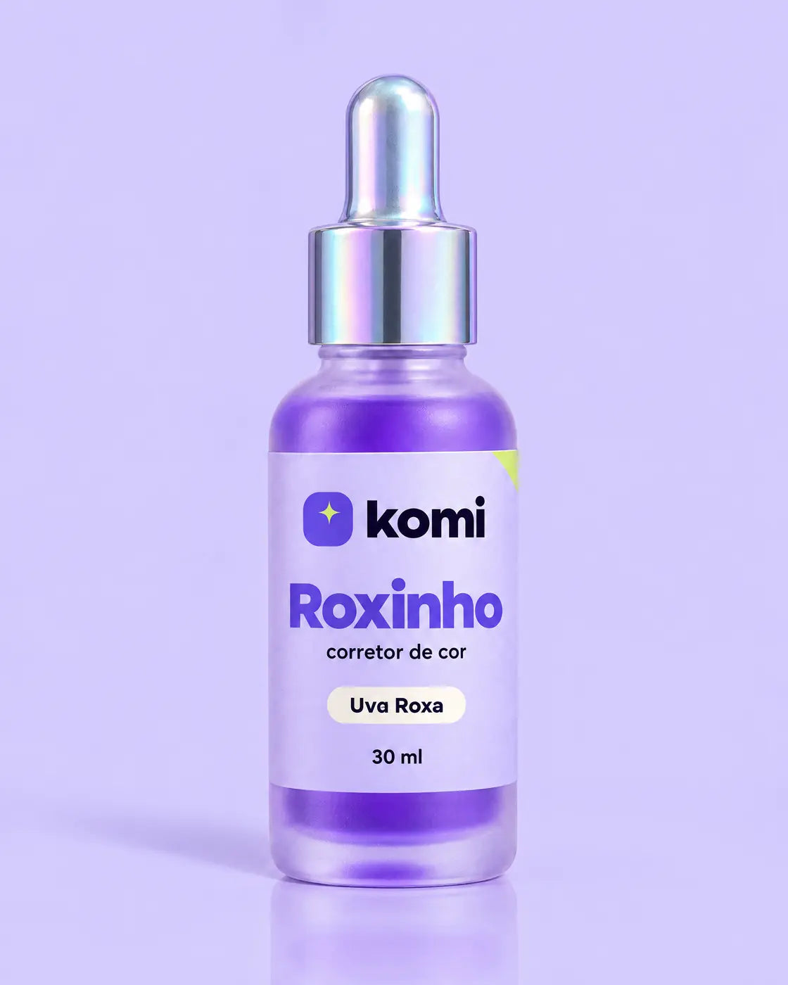 Frasco do Roxinho, corretor de cor Uva Roxa de 30 ml, com pipeta cromada, em fundo lavanda